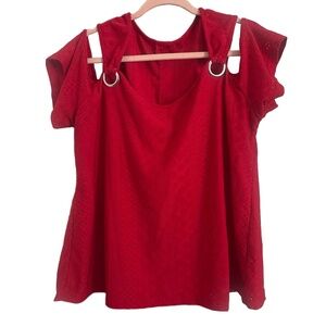 Womens Red Cold Shoulder Flutter Sleeve O-Ring Detail Top 2XL Shein
